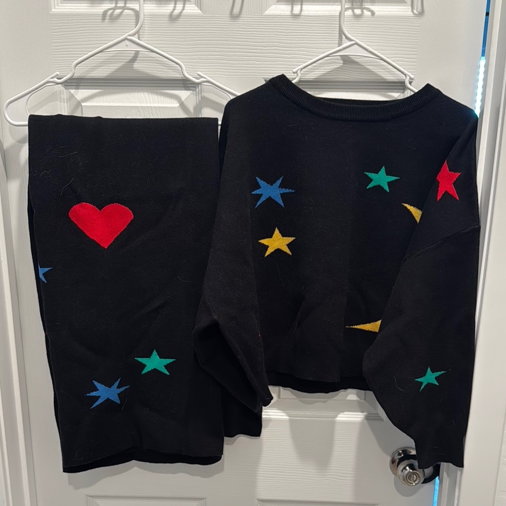 Black Sweater and Pants Set with Colorful Stars and Heart